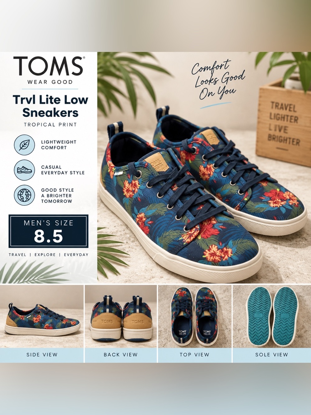 TOMS Trvl Lite Low Sneakers Tropical Floral Print Men’s 8.5 Navy Lightweight Sho